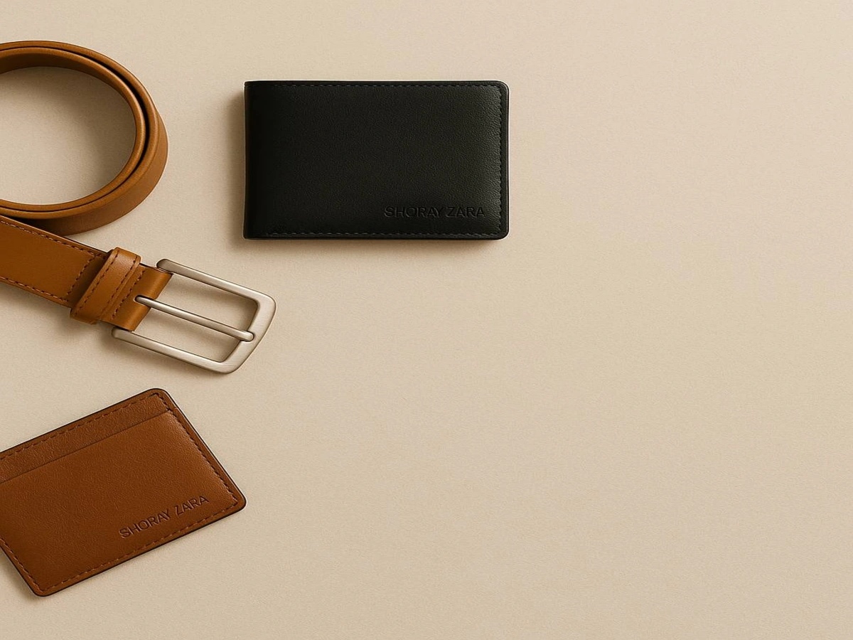 Premium leather belts displayed with polished buckles